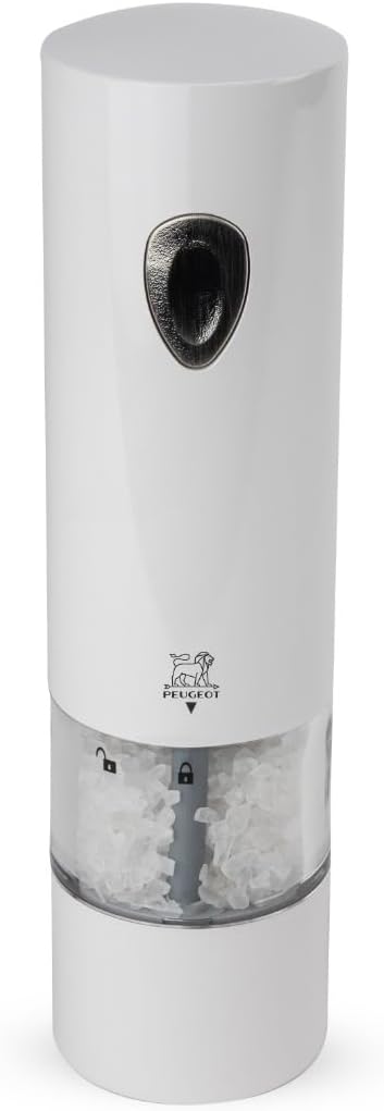 Peugeot PHENIX White Lacquered Stainless Steel Electric Adjustable Salt Mill, 8-inch