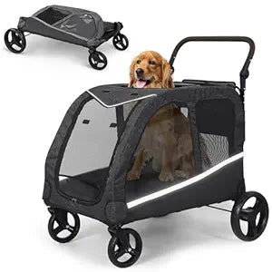 Dog Stroller for Large Dogs, Extra Large Pet Stroller for Medium Dogs, Dog Wagon Carriage, Foldable Design, Adjustable Handle, with Pocket, Up to 130 lbs, Black