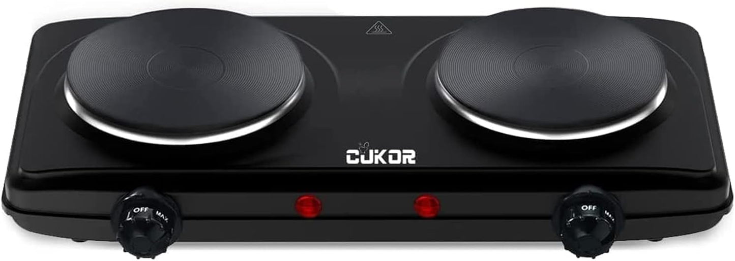 CUKOR Double Cast Iron 2 Burner, 1800W Countertop Burner, Dual Electric Stove Burners, Portable Double Burner for Cooking