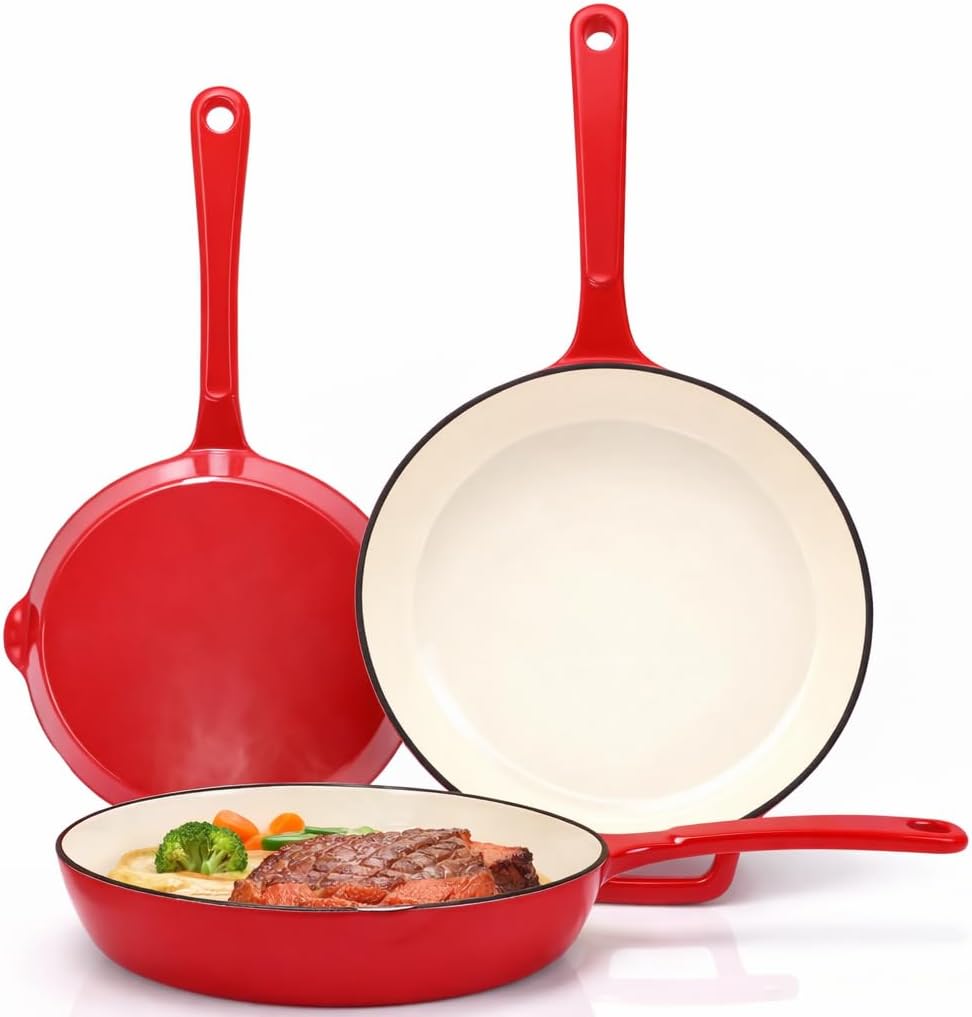 Hisencn Enameled Cast Iron Frying Pan Set, 3 Piece Set of 8''\/9.5''\/11'' Skillets, PFAS & PTFE & PFOA Free, Gas\/Induction\/Electric\/Oven Compatible, Rouge Red