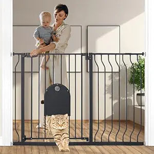 COMOMY 29.5-48.4" Baby Gate with Adjustable Cat Door,Extra Wide Metal Cat Gate for Stairs Doorways, Auto Close Dog Gate with Pet Door for House, Pressure Mounted Easy Walk Through (30" Tall, Black)