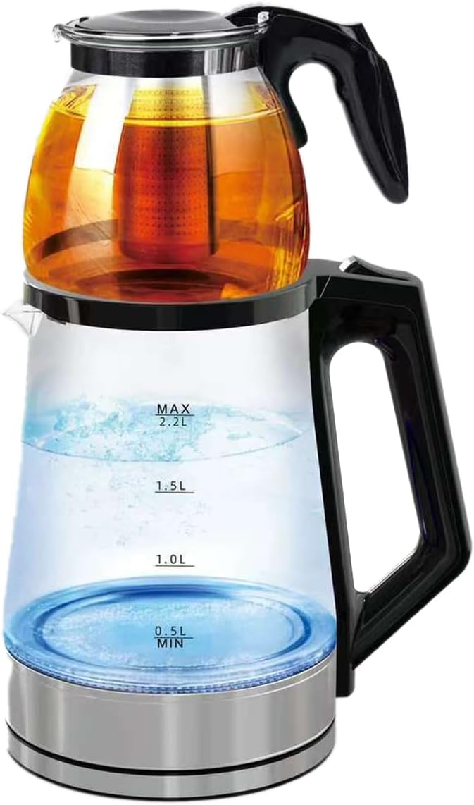 2 Tier Glass Teapot, Electric Tea Maker Samovar Style for Stove Top - Self Strained Tea Kettle Boiler Water Heater Warmer