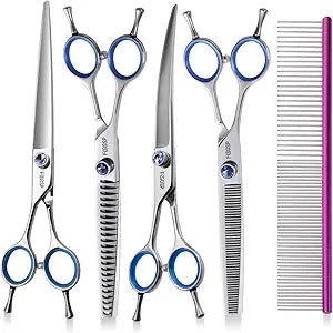 Left Handed Dog Grooming Scissors Kit 8 in Professional Curved Thinning Straight Shear 3pcs Set for Grooming Big Dogs Poodle Pet Japan 440C Stainless Steel(8.0'' Kit, 4Pcs)