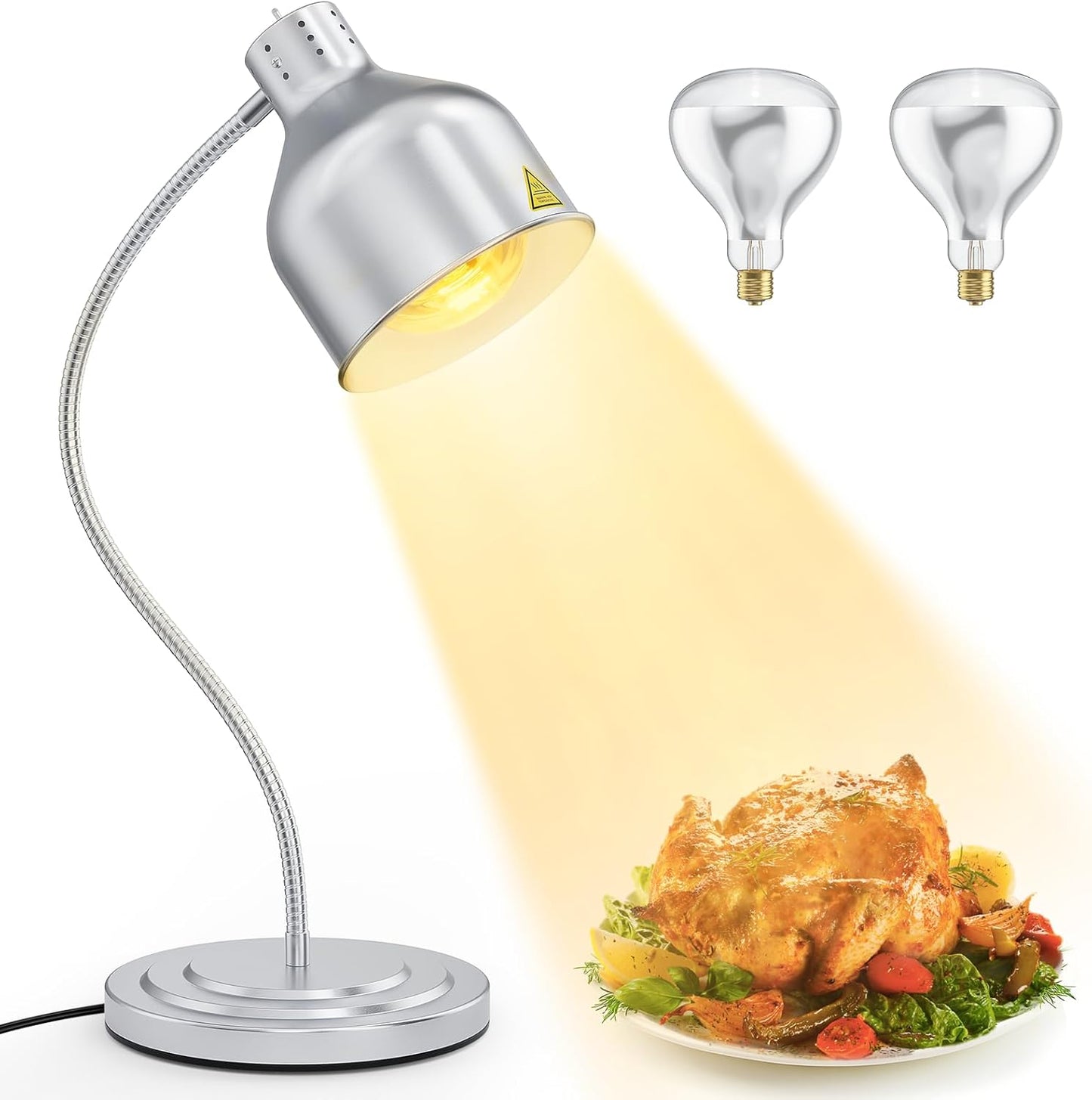 BOEASTER Food Heat Lamp, Single Head 250W Stainless Steel Commercial Food Warmer Lamp with 2 Bulbs, 360° Adjustable Portable Electric Warming Light for Restaurant Kitchen Buffet Counter Party Catering