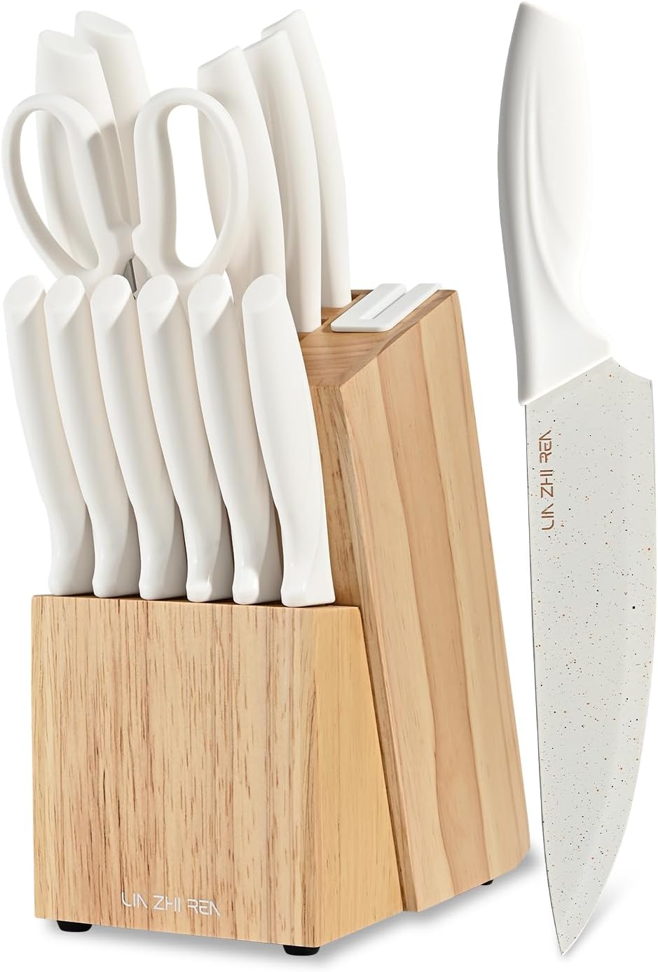 LIN ZHI REN 15 Piece Knife Set,Kitchen Knife Block Set,White stainless steel knife set with sharpener for Chopping, Slicing, Dicing & Cutting,Dishwasher safe