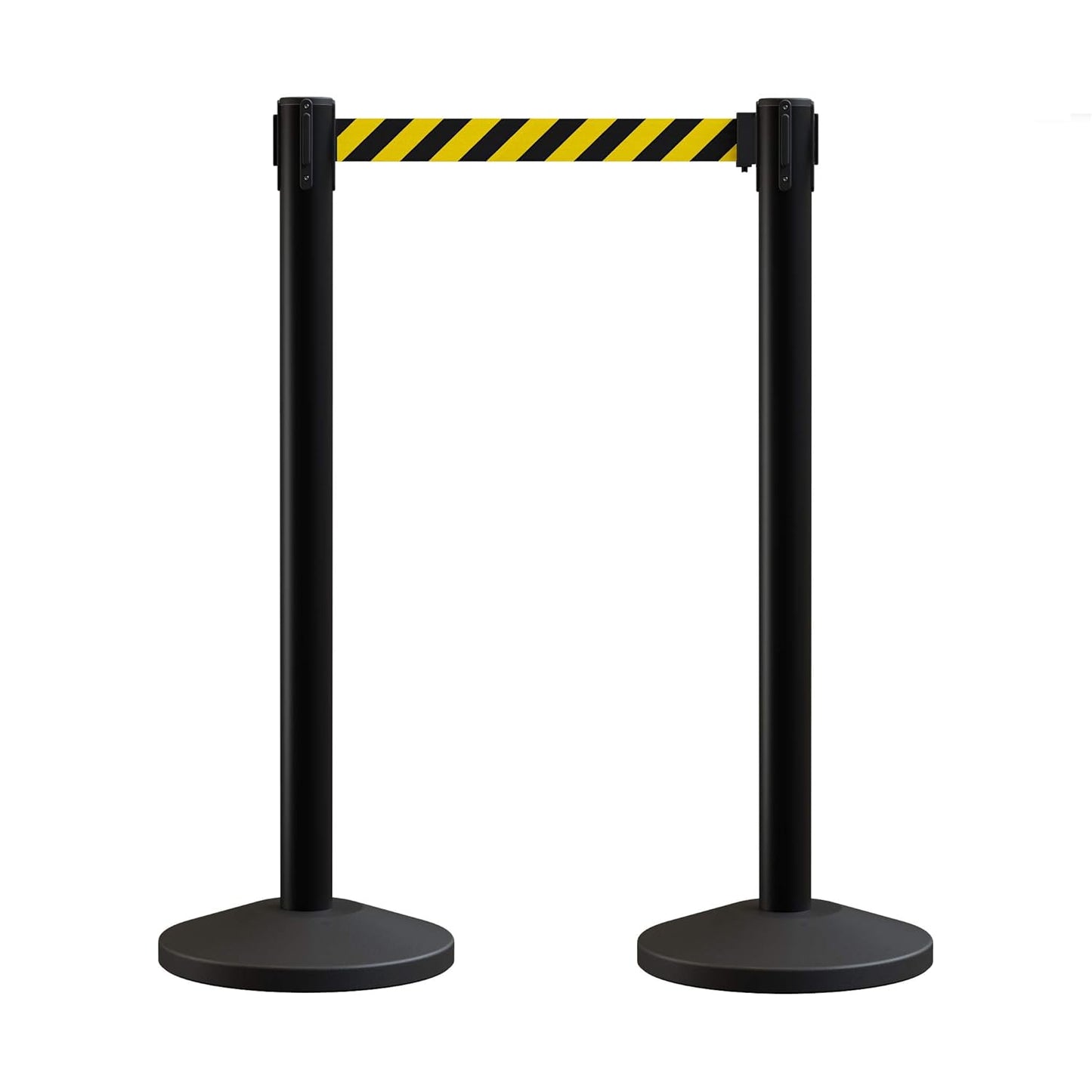 Crowd Control Warehouse CCW Series RBB-100 - Set of 2 Stanchions with Retractable Belts - 11 Foot Black\/Yellow Belt, Black Post - Crowd Control Barriers