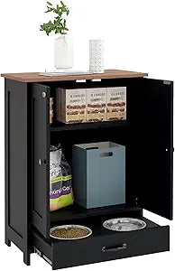 PawHut Pet Feeding Station, Elevated Dog Bowls, Dog Food Storage Cabinet with Hidden Bowls, Adjustable Panel, Hooks for Medium Sized Breed, Black