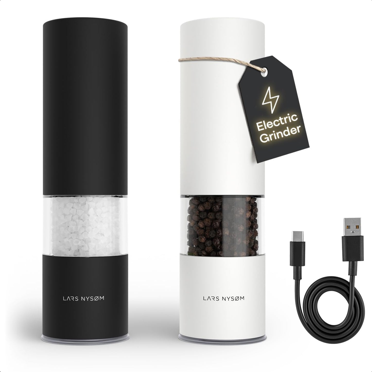 LARS NYSØM Electric Salt and Pepper Grinder Set I Automatic Salt and Pepper Mills with Adjustable Ceramic Grinder I USB Rechargeable Electric Spice Mill Set with LED Light (Black\/White)