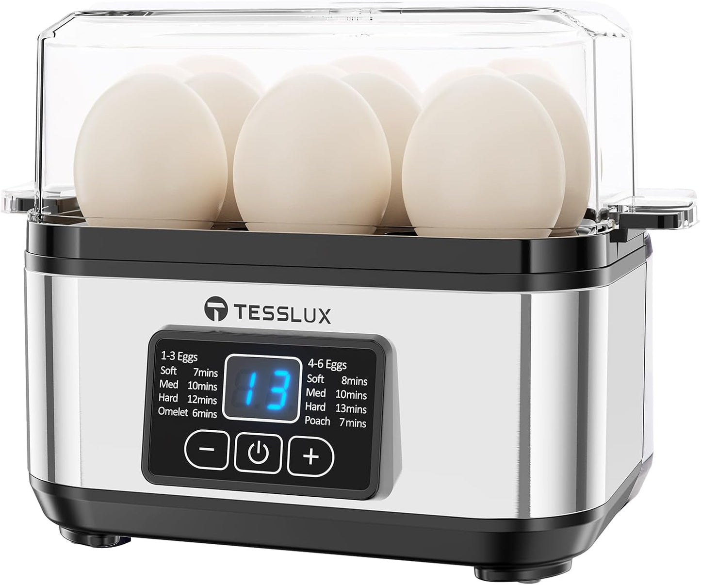 Tesslux Electric Rapid Egg Cooker, 6 Egg Capacity for Hard Boiled Eggs, Poached Eggs, Scrambled Eggs, or Omelets Maker with Auto Shut Off (Sliver)