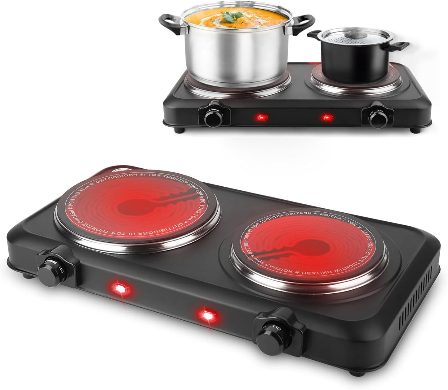 TeqHome Countertop Infrared Double Burner, 2000W Electric Hot Plate with 7.5" Ceramic Glass Cooktop, Stepless Temperature Adjustable & Heat-up In Seconds for Home Dorm, Compatible with All Cookware