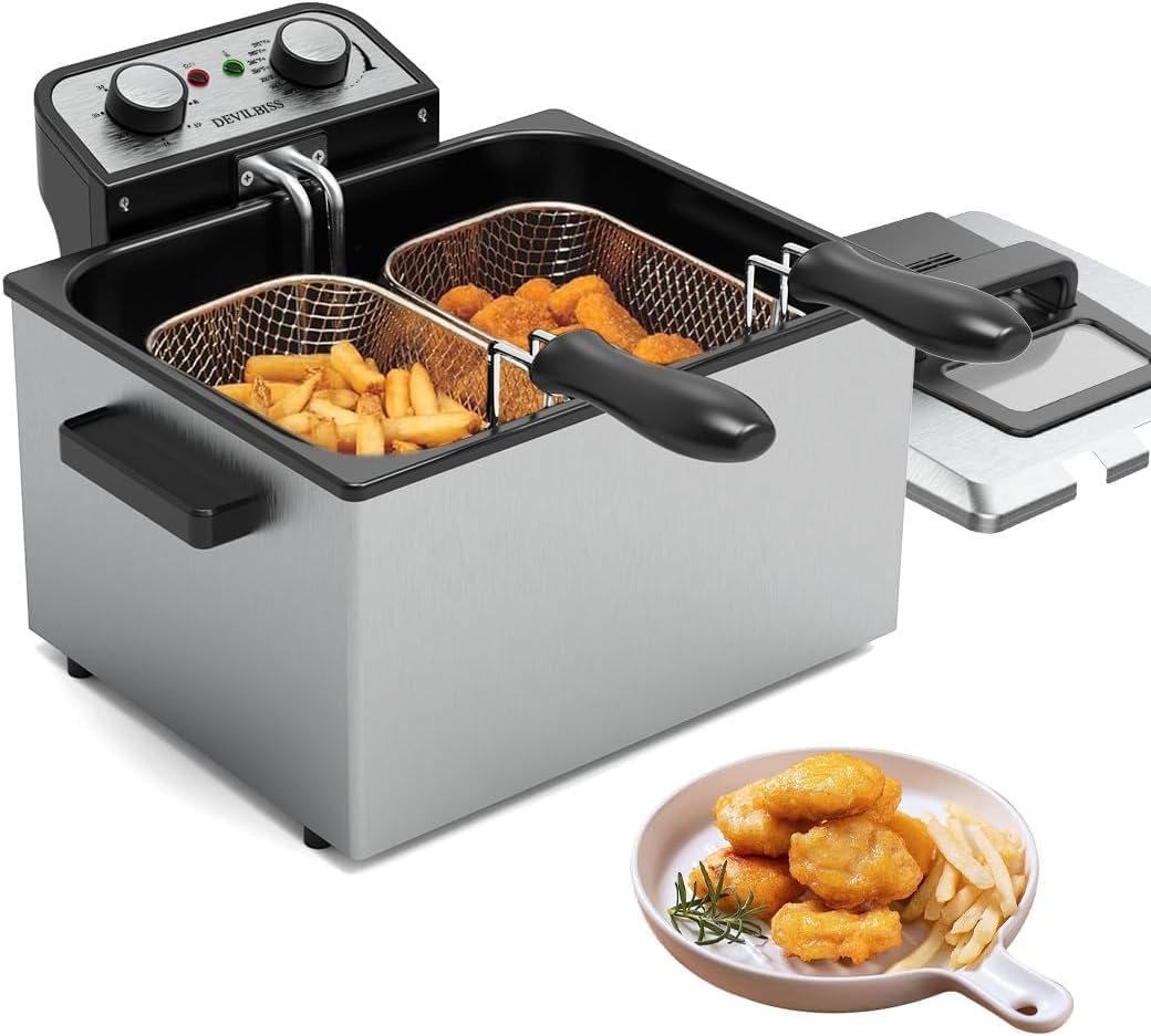 1800W 5 Liters/21 Cups Large Electric Deep Fryer with Baskets for Home Use,Adjustable Temperature,Countertop Deep Fryer Pot,Perfect for Kitchen,1 Basket VEXON Deep Fryer Stainless Steel