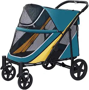 Large Dog Stroller-4 Wheel Pet Strollers for Medium Dogs or 2 Dogs- One-Click Foldable - Large Breathable Mesh & Sunroof - All Terrain Pet Stroller for Medium Senior Dog up to 88 lbs (Green-Yellow)