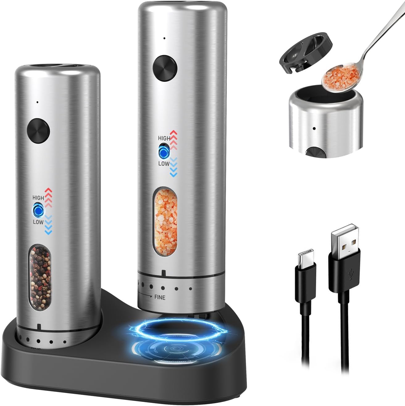 CIRCLE JOY Electric Salt and Pepper Grinder Set with Rechargeable Base Upgraded Stainless Steel Automatic Salt and Pepper Shakers with 2 Grinding Speeds, External Adjustment and 176ml Capacity, Silver