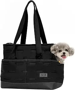 Petsfit Small Dog Purse Carrier, Portable Pet Carrier Tote Cat Carrier with Adjustable Safety Leashs, Pocket, Poop Dispenser, Waterproof TPU Bottom, Black