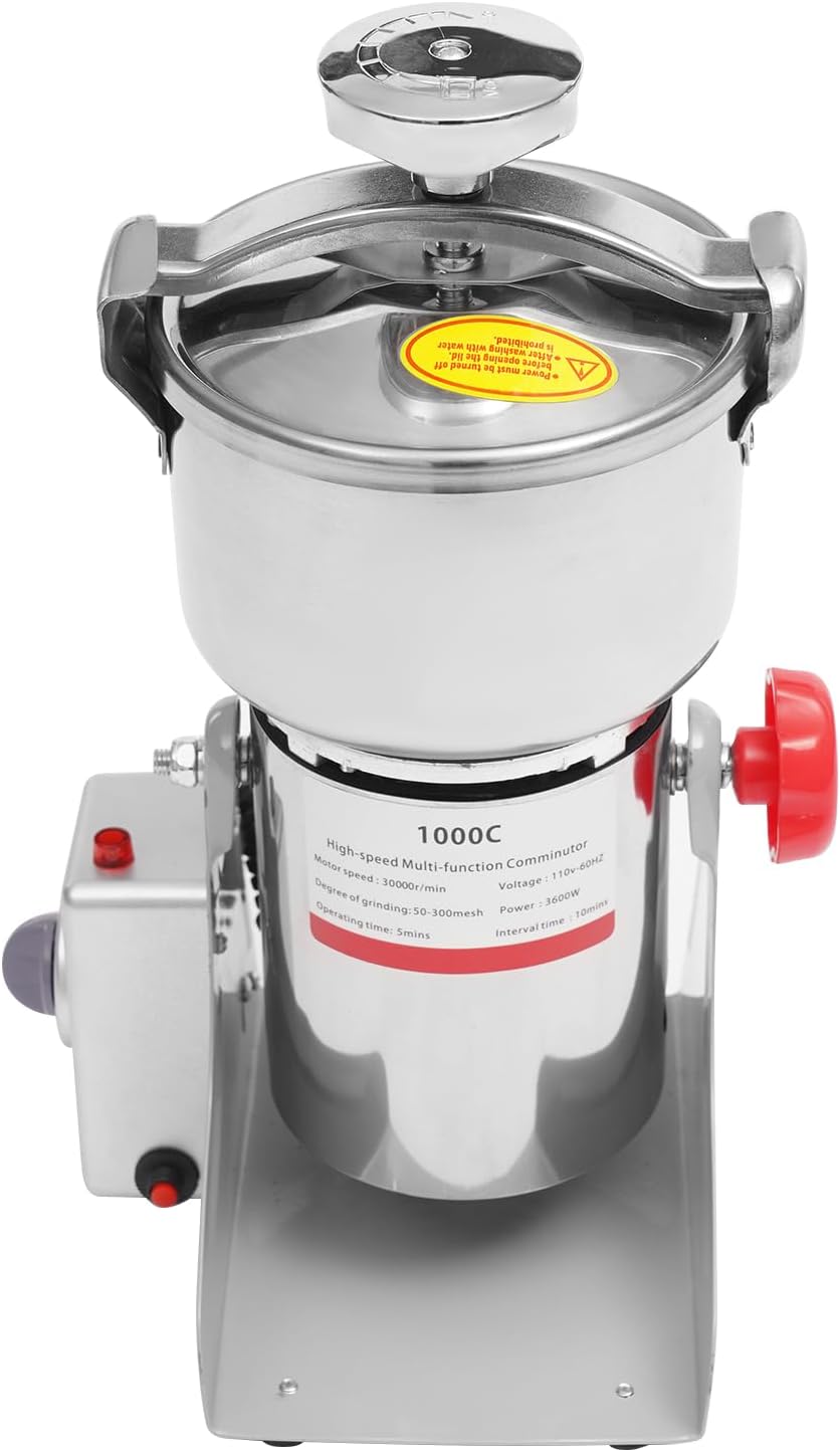 1000g Electric Grain Mill Grinder with Timer, 110V 3600W High Speed Commercial Pulverizer Dry Herb Grain Spice Coffee Seeds Rice Corn Pepper Cereal Grinder Machine for Kitchen, Food Store