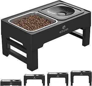 ELS PET Elevated Dog Bowls, Adjustable Raised Dog Bowls with No Spill Dog Water Bowl and Stainless Steel/Slow Feeder, for Small Medium Large Dogs,Cats & Pets (Stainless Steel)
