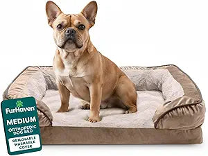 FurHaven Orthopedic Dog Bed for Medium Dogs, Perfect Comfort Sofa with Removable Bolsters with Orthopedic Egg Crate Foam for Joint Support, Washable Cover, Medium, Plush & Velvet Waves, Brownstone