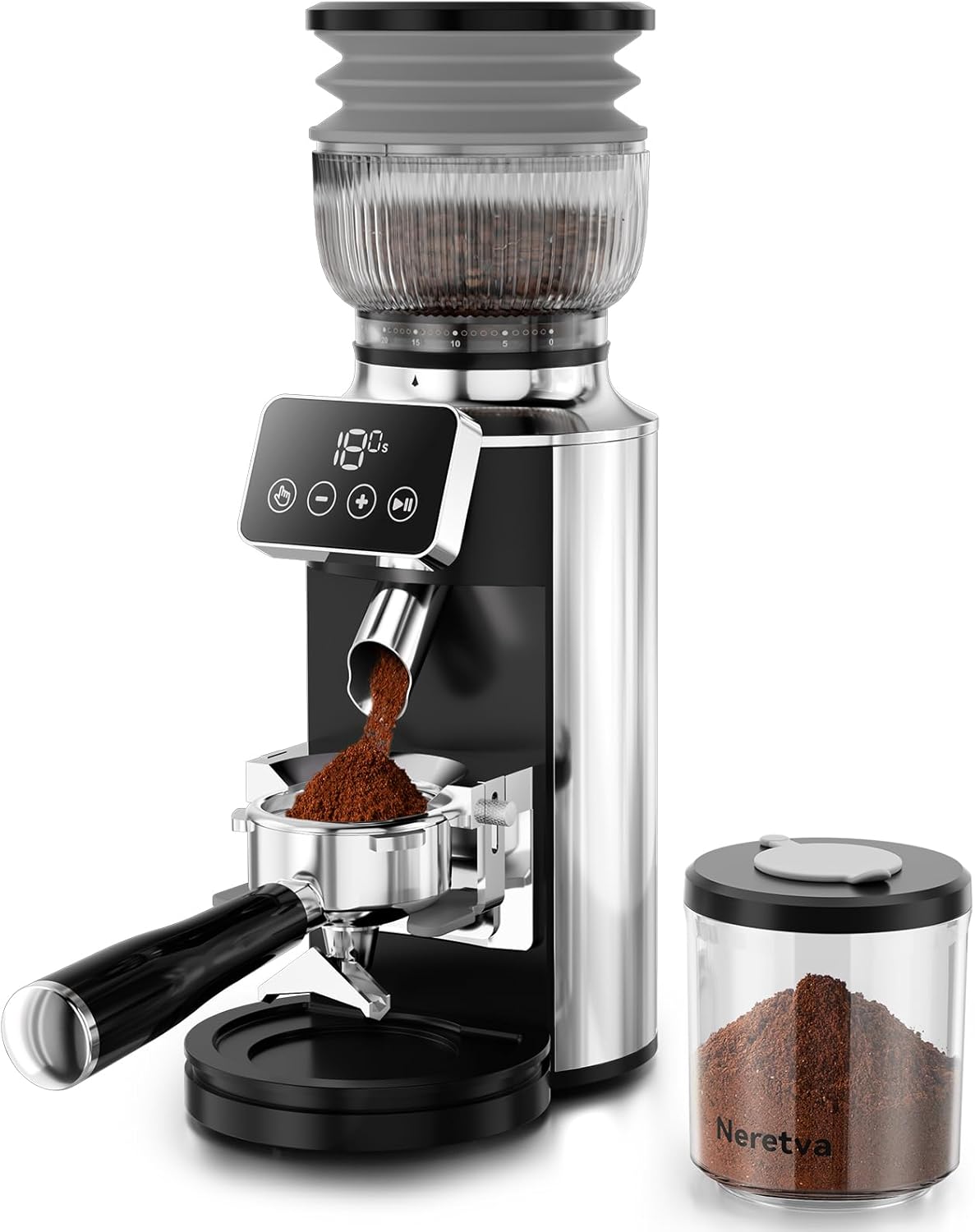 Neretva Burr Coffee Grinder, 2 in 1 Professional Espresso Grinder Stainless Steel Suit 51~58mm Portafilter Coffee Bean Grinder 30 Precise Setting & Anti-Static for Espresso\/French Press\/Drip\/Cold Brew