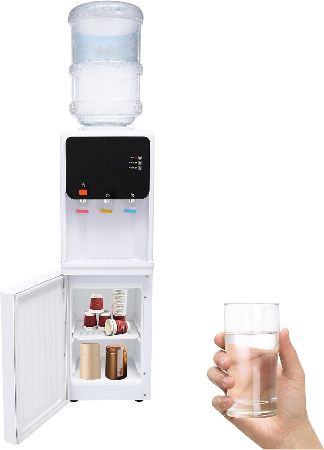 Water Cooler Dispenser for 5 Gallon Bottles, Top Loading Hot & Cold Water Freestanding Electric Water Cooler Machine w/Storage Cabinet, Drinking Machine for Home Office