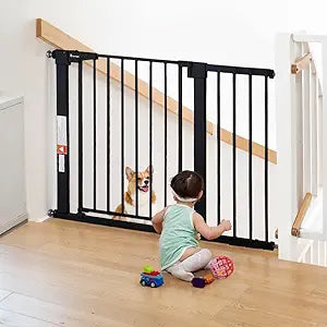 COMOMY 29.5-43.3" Safety Baby Gate Extra Wide, Auto Close Dog Gate for House Doorways Stairs, Pressure Mounted Easy Walk Through Pet Gate Child Gate, Includes 2.75" and 8.25" Extension, Black