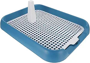 Dog Potty Tray with Wall Post: Indoor Puppy Training Toilet Blue Plastic Mesh Grate, Pee Pad Holder for Male Dogs, Keeps Paws Dry, Portable Pet Litter Box for Apartment