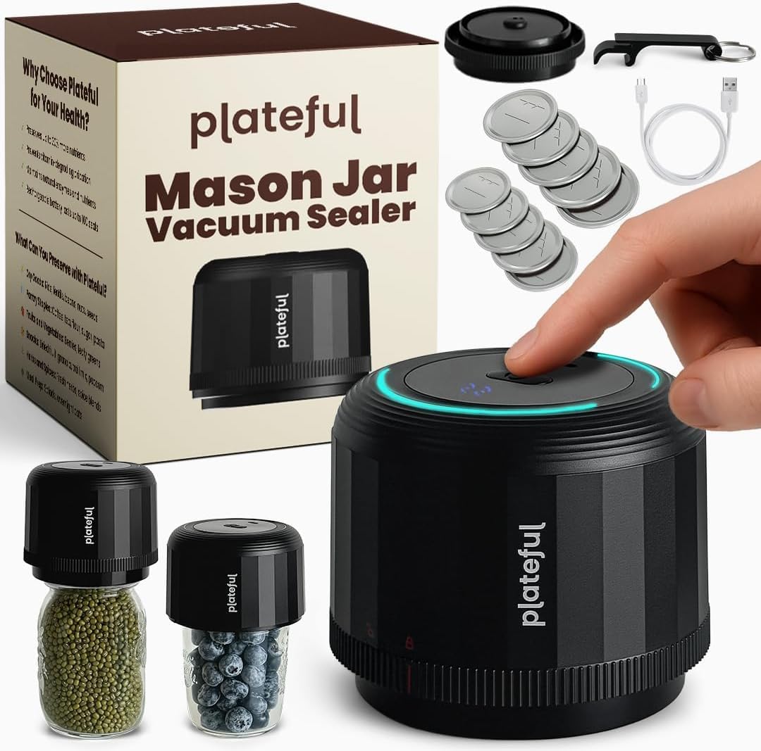 Plateful Electric Mason Jar Vacuum Sealer Kit (Lids Included) For Wide Mouth And Regular Mouth Jars, Portable Jar Vacuum Sealer, Canning Machine Food Storage, Includes Lids, Opener, Charger