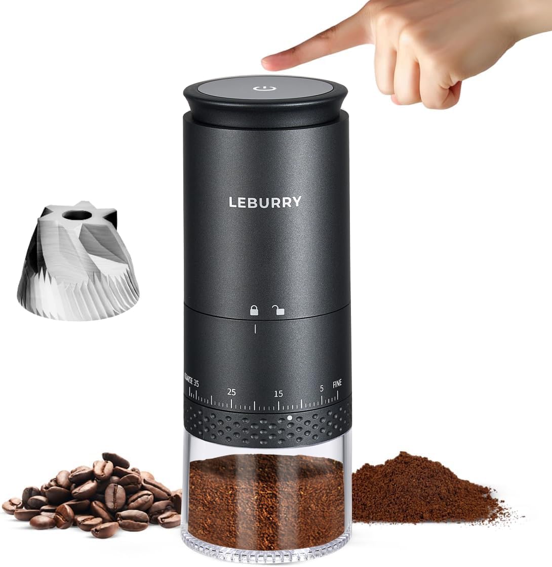 LEBURRY Burr Coffee Grinder - Portable Espresso Grinder with Stainless Steel Conical Mill for Travel, Camping - Cordless\/Rechargeable Electric Coffee Bean Grinders with 38 Adjustable Grind Settings