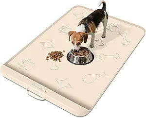 Dog Food Mat with Collection Pocket, 42''x28'' Extra Large Silicone Pet Feeding Mat for Food and Water, Waterproof Anti-Slip Dog Mat with Edge and Handle, Pet Placement for Floor (Beige)