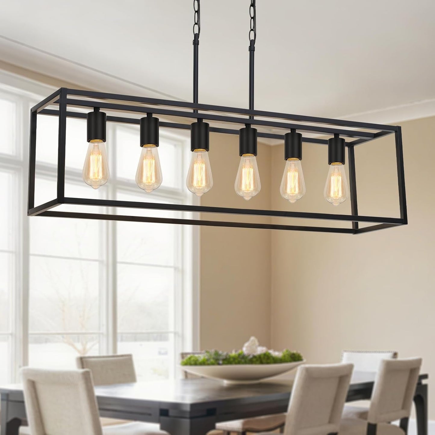 Boncoo 6 Light Black Chandeliers for Dining Room, Adjustable Height Linear Chandelier Kitchen Light Fixture, Modern Farmhouse Chandelier Rectangle Island Light for Kitchen Hanging Light Fixtures