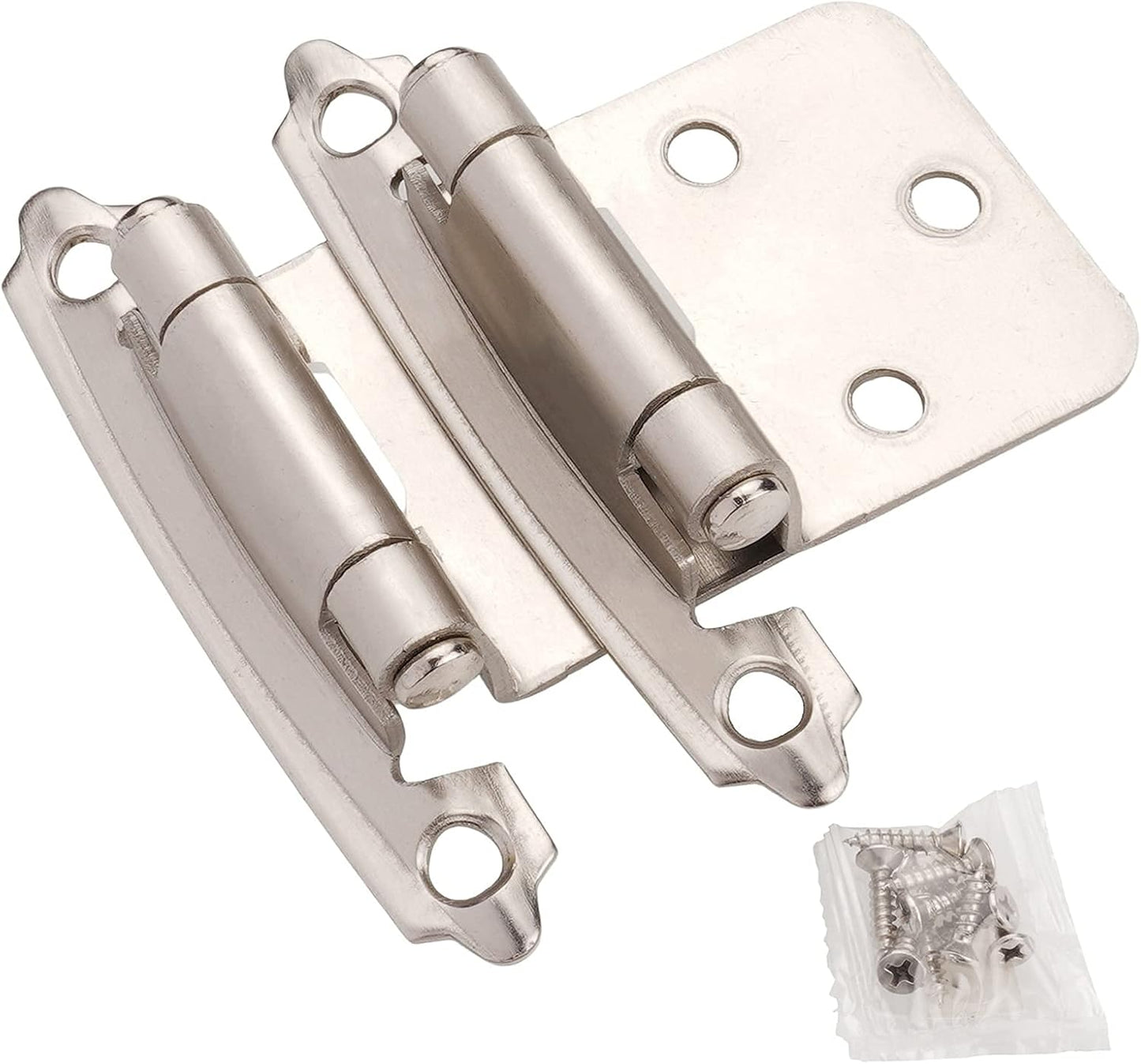 DecoBasics Cabinet Hinges Brushed Nickel for Kitchen Cabinets Doors (25 Pair -50 Pcs) -1\/2" Overlay (Variable) -Self Closing Kitchen Cabinet Hinges Flush Mount w\/Silicon Bumpers & Hardware Screws