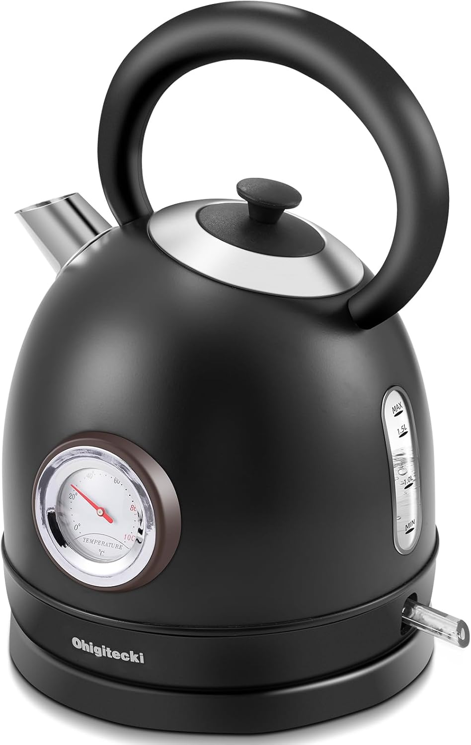 1.7L Electric Kettle, Retro Stainless Steel Water Boiler with Temperature Gauge & Auto Shut-Off, 1200W Fast Boiling Kettle for Home Kitchen Office, Boil-Dry Protection (Matte Black)