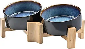 SPUNKYJUNKY 15° Slanted Ceramic Dog and Cat Bowl with Wooden Stand, Tilted Bulldog Food and Water Bowl No Slip Non-Spill for Cats Medium Dogs Big Face Pets 13.5 OZ (1.7 Cups, Starry Blue × 2)