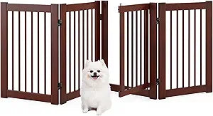 Giantex Dog Gate with Door - 30''H × 80''W Wooden Pet Gate with Walk Through Door, Foldable Freestanding 4 Panels Pet Safety Fence Extra Wide for Doorway Stairs House Deck Yard, Dark Cherry Brown