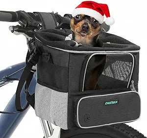 Dog Bike Basket for Small Dogs up to 10lbs, Foldable Pet Carrier with Safety Leash, Mesh Windows, Storage Pockets, Handlebar Quick Release, Backpack & Car Seat Function Grey