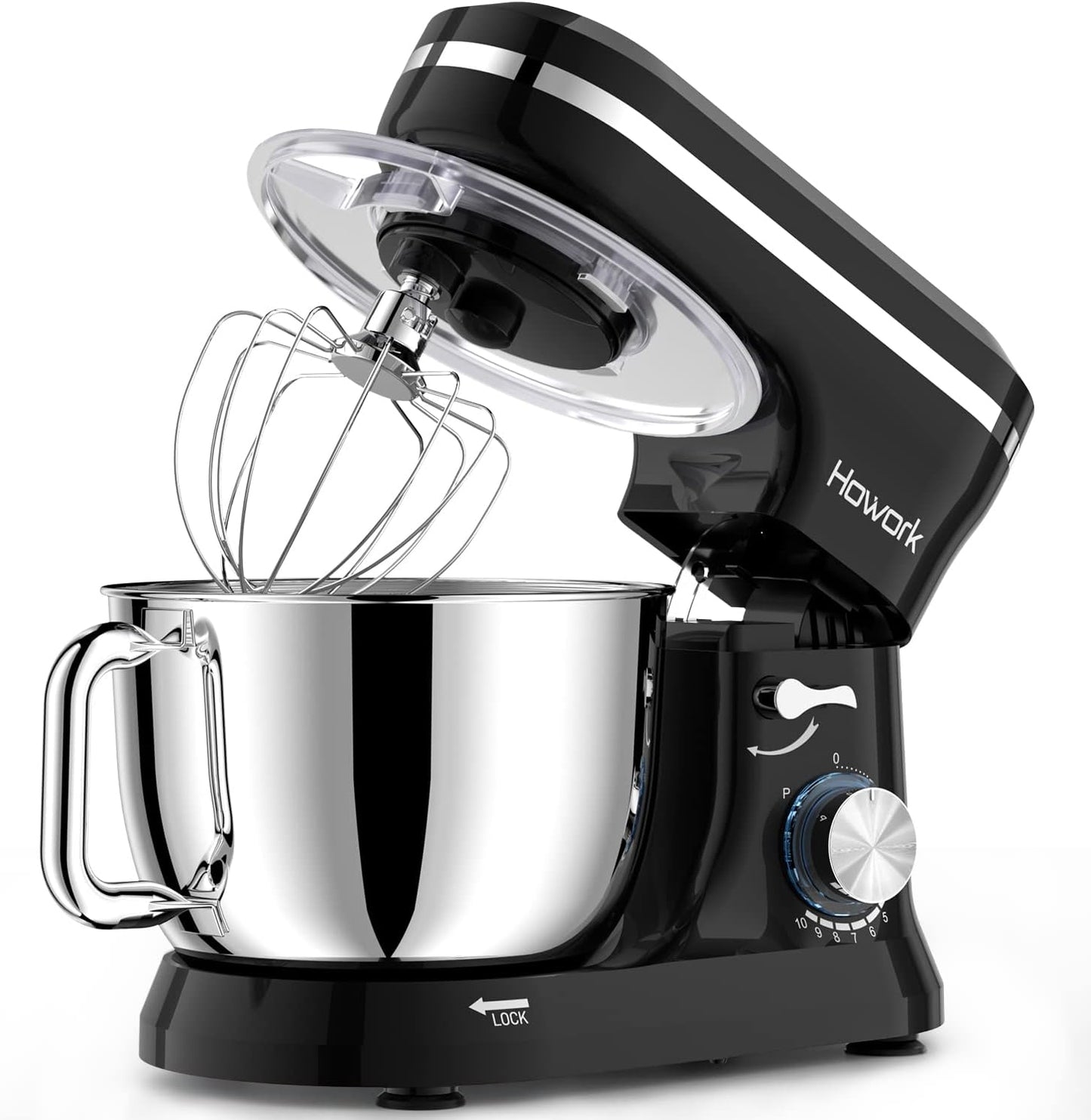 HOWORK Electric Stand Mixer,10+p Speeds Kitchen Mixer With 6.5QT Stainless Steel Bowl,Dough Hook, Wire Whip & Beater,for Most Home Cooks(Black)