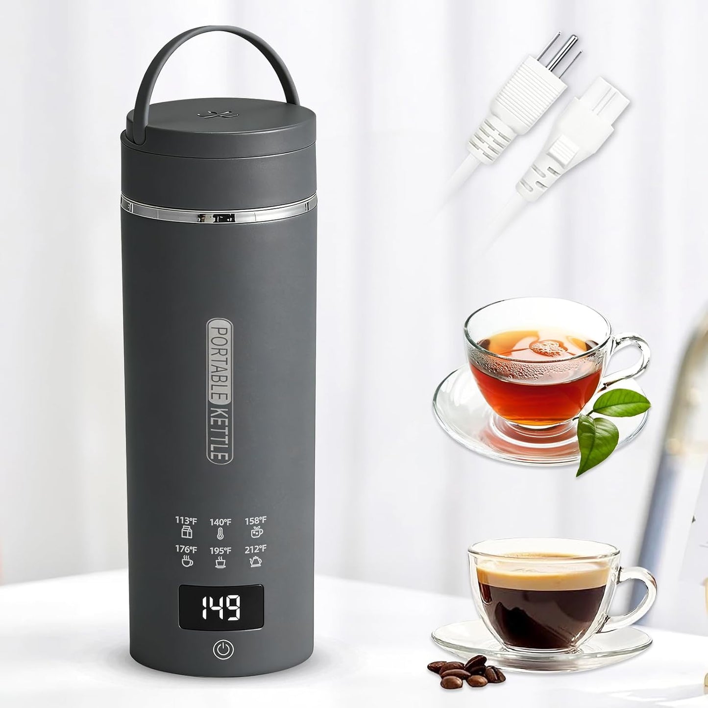 Travel Electric Kettle, LCD Display with 6 Temperature Settings, 304 Stainless Steel, 450ml\/15.2oz, Auto Shut-Off and Boil-Dry Protection, Compact Portable Electric Kettle, Gray
