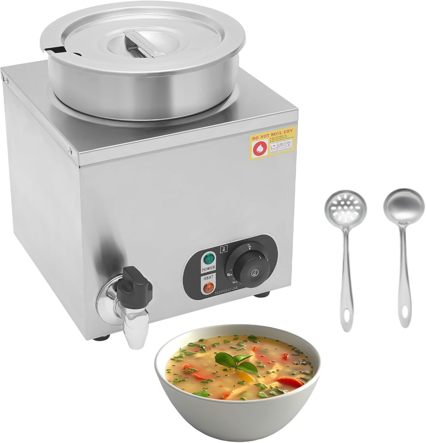 7.4Quart Commercial Soup Warmer, 300W Electric Nacho Cheese Sauce Warmer Dispenser with 86-185℉ Adjustable Temp & 2 Spoons & Lid, Stainless Steel Countertop Food Warmers for Butter Hot Fudge Sauces