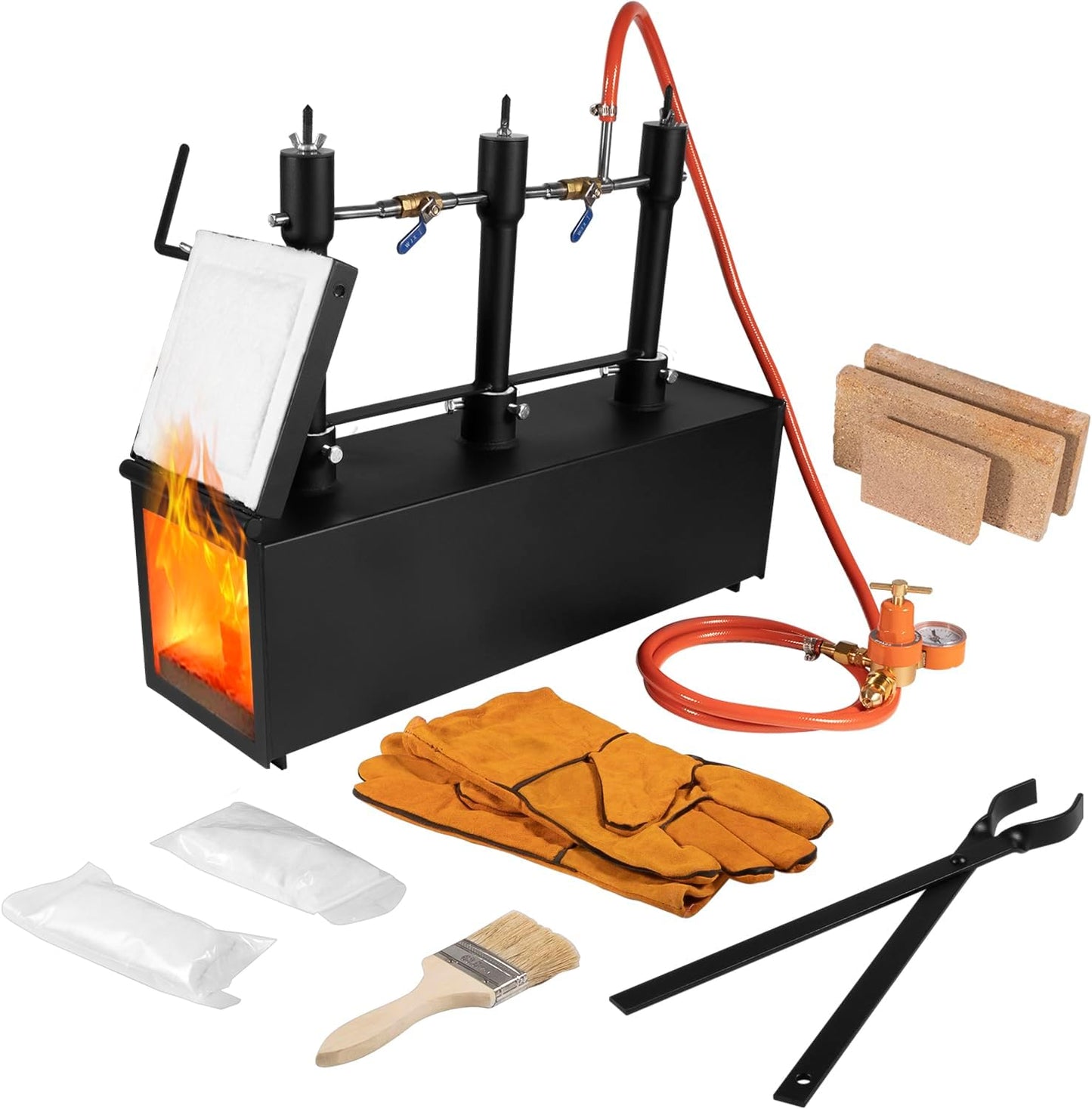 Portable Triple Burners Propane Forge, 3 Burners 2700℉ Blacksmithing Gas Forge, Large Capacity Square Propane Burner Forge with V-Bit Tongs & Gloves for Farrier, Knife and Tool Making