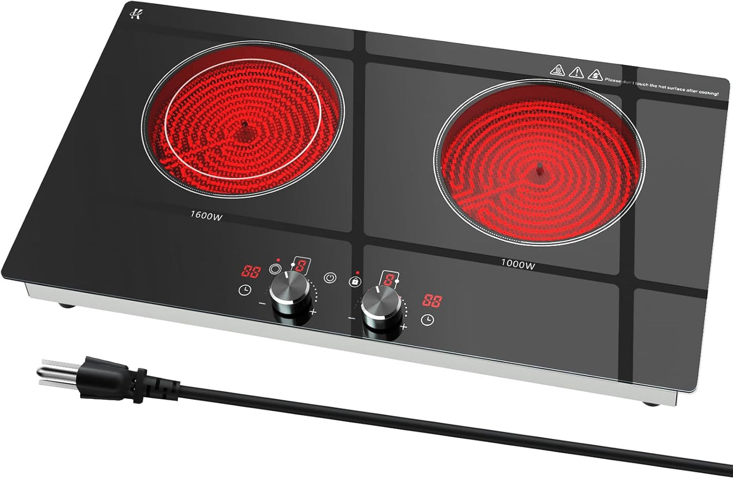 2 Burner Electric Cooktop 24 Inch, 120V Electric Stove Top with Countertop & Built-in Design, 1800W Knob Control Radiant Ceramic Cooktop with Safety Lock, 9 Level Power, 99 Min Timer - Plug in