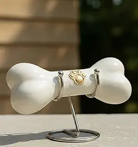 Decorative Bone Shape Aluminium pet urns Casket with Hand Engrave paw Mark for Pets Ashes with Display Stand - Unique Beautiful Cremation Urn for Pets -Memorial Keepsake for Dogs,Cats.. (White)