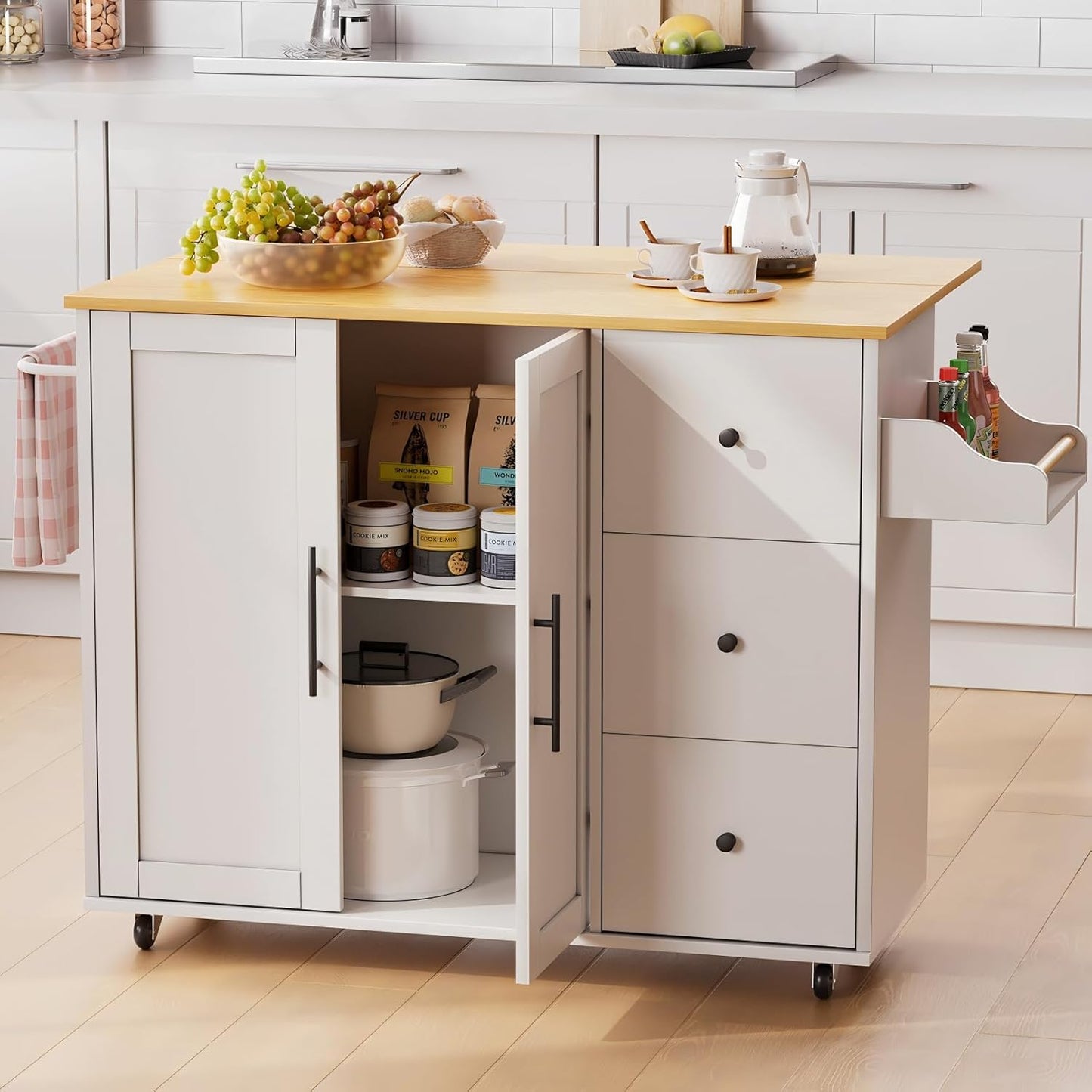 GRUSIGN Kitchen Island with Storage, Rolling Cart with 3 Drawers, White, 39.37" L x 20.05" W