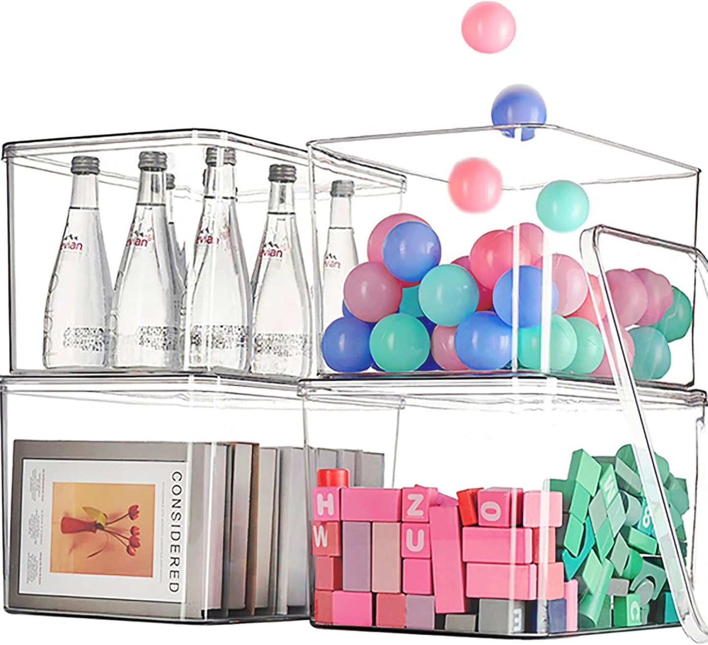 GUMEIGODA Clear plastic storage bins with LIDS-4packs,storage containers for snacks, cosmetics, books, dog food, Storage Organizer for Nursery,Kitchen, Living room,Bedroom, Bathroom, Office