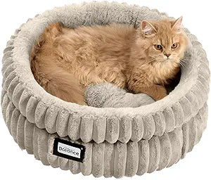 BALANCE Cat Bed Kitten Bed, Washable Round Cat Beds for Indoor Cats,Super Soft Plush Faux Fur Pet Bed for Puppy and Kitten with Anti-Slip Bottom