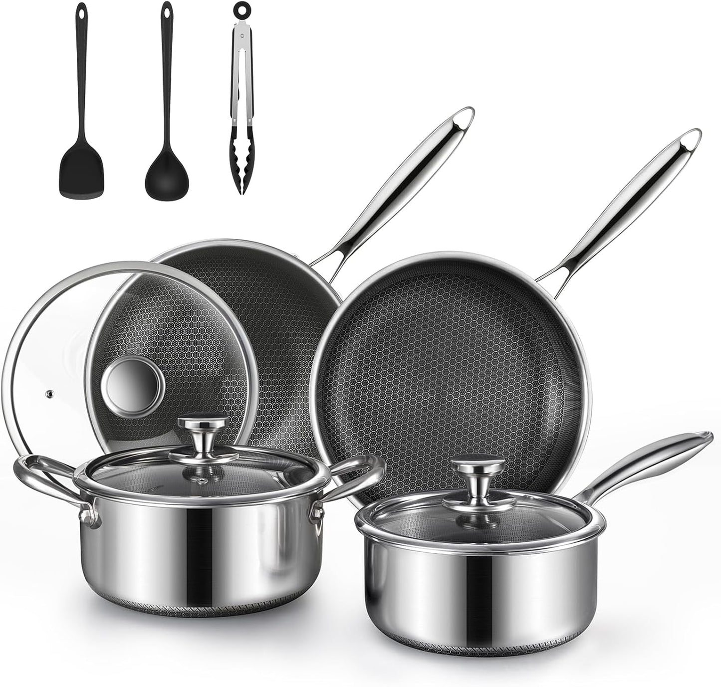 10 Pcs Non Stick Pots and Pans Set with Lids, Hybrid Stainless Steel Cookware Set, Skillet,Stock Pot,Frying Pan,Kitchen Cooking Utensils,Non Toxic,Induction,Dishwasher Safe