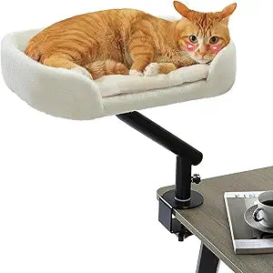 PAWZ Road Cat Desk Bed for Indoor Cats, Cat Bed for Desk Supports Up to 50 lbs, 360° Rotation & Adjustable, Nest Desktop Attachment Cats Hammock for Table, White