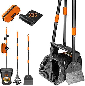 Dog Pooper Scooper with Bags & Dispenser - 37.4" Long Durable Metal Handle Swivel Bin & Rake & Spade Kit, Large Capacity Portable Pooper Scooper for Yards,Easy to Assemble