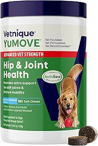 Yumove Hip & Joint Supplement for Dogs with Glucosamine, Hyaluronic Acid, Green Lipped Mussel & Omega 3 Joint Supplement - Regular or Advanced Strength (180 Count, Advanced Vet Strength Soft Chews)