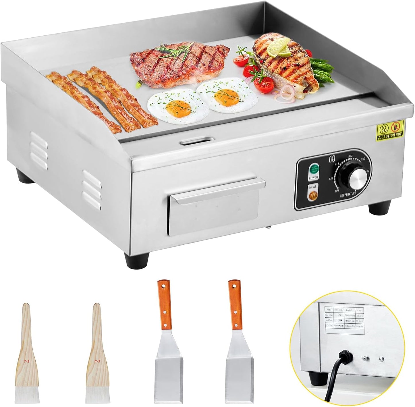 18 Inch Electric Griddle, 1600W Electric Countertop Griddle, Non-Stick Restaurant 110V Teppanyaki Flat Top Grill Stainless Steel Adjustable Temperature Control 122°F-572°F (with PLUG)