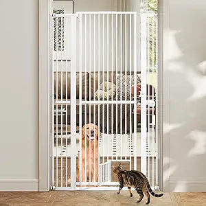 Giantex 67.5'' Extra Tall Pet Gate for Large Dogs & Cats, Adjustable 30.5''–41'' Wide Dog Gate with Small Pet Door, Extension Kits, Pressure or Hardware Mount, Jump-Proof Indoor Barrier, White