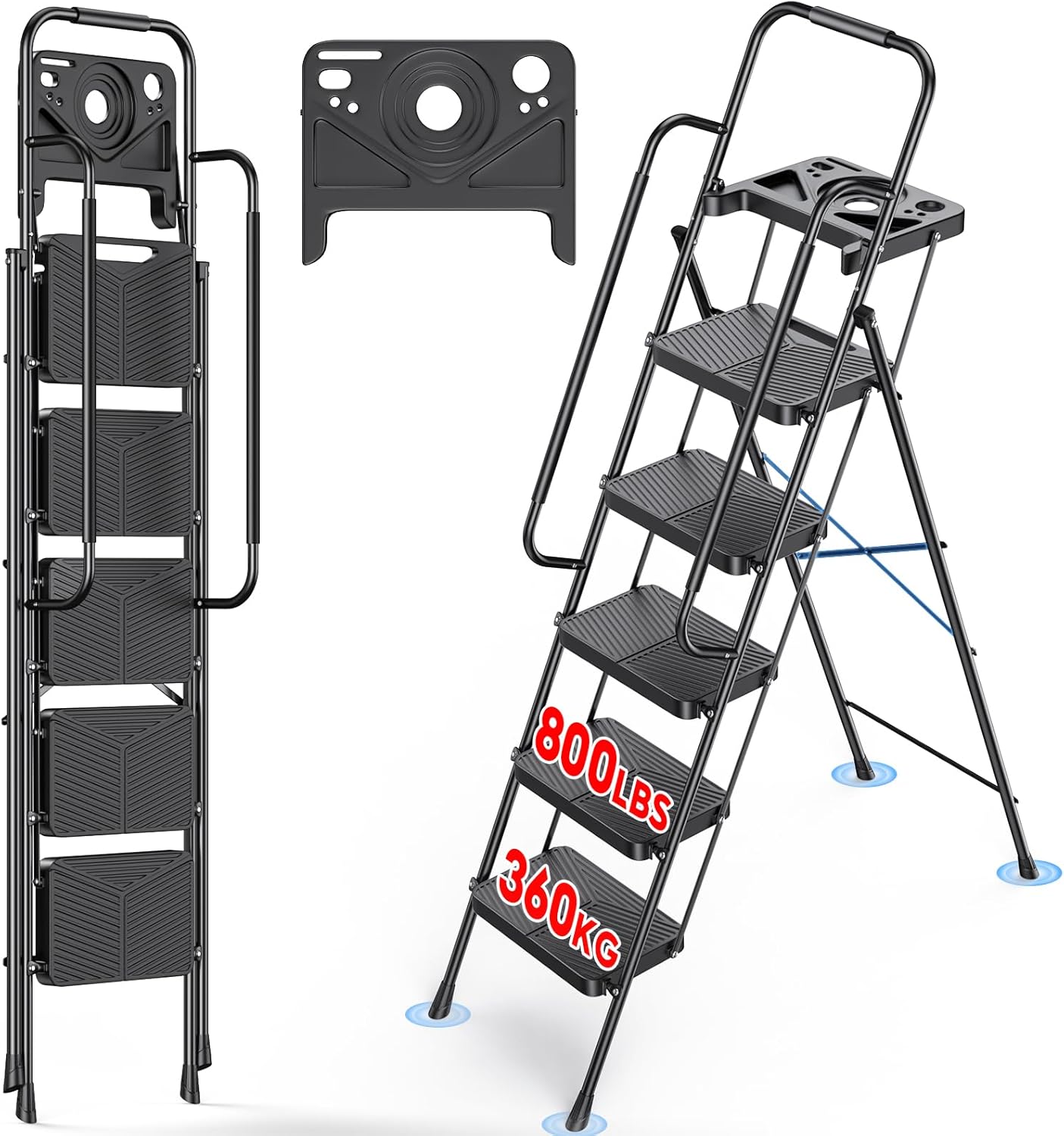 Step Ladder 5 Step Folding with Handrails, 800 LBS Capacity, Portable Safety Ladder for Home, Kitchen, Office, Outdoor Use, Safe-Lock Tool Platform Design